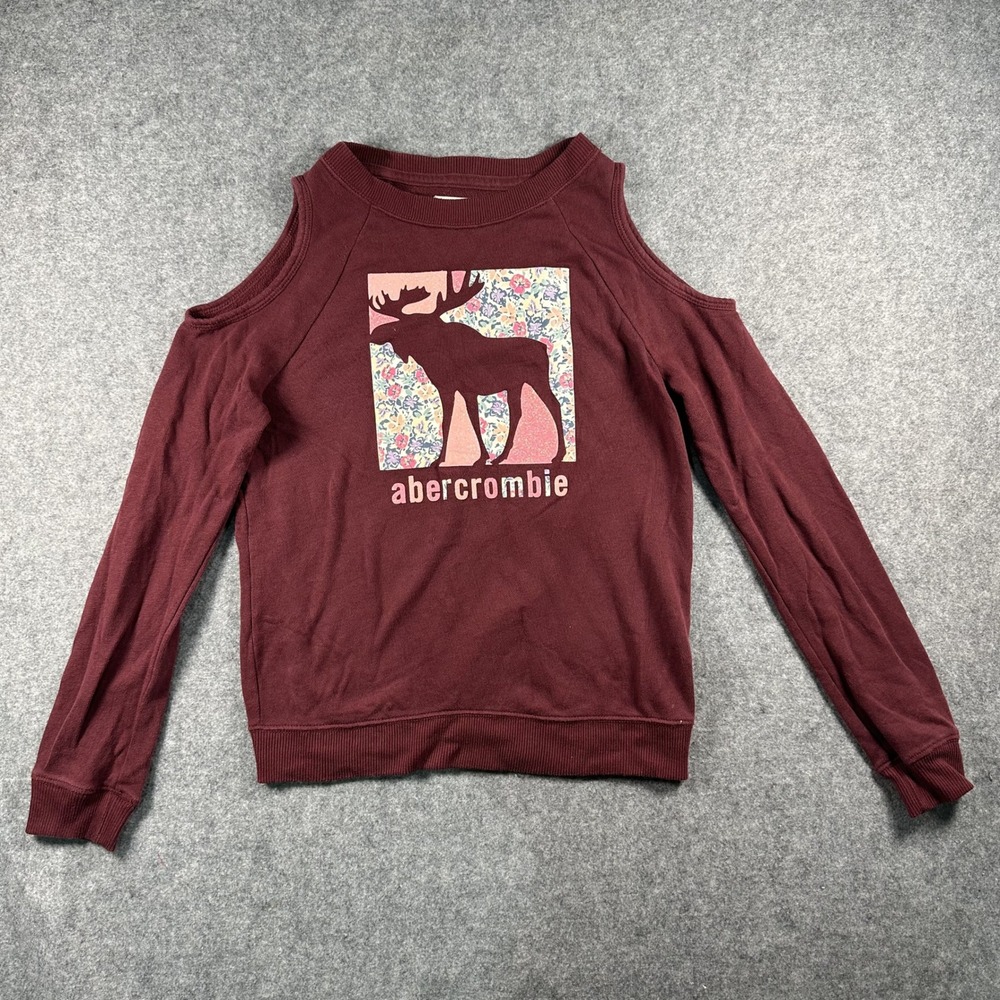 Abercrombie Kids Cold Shoulder Sweatshirt 15/16 Burgundy Moose Graphic Fleece